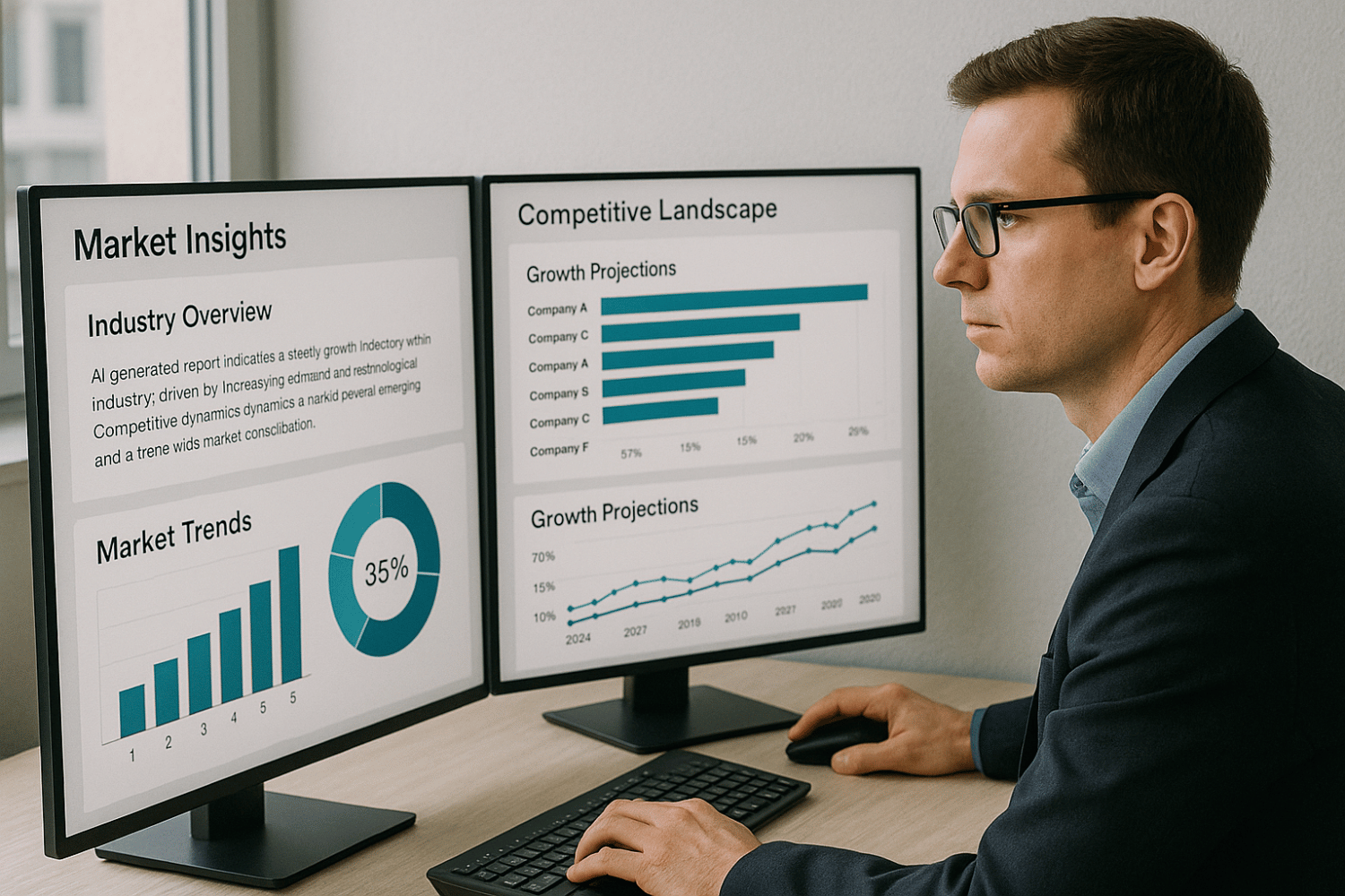 Business analyst reviewing AI-generated market insights on dual computer screens to evaluate potential investment targets