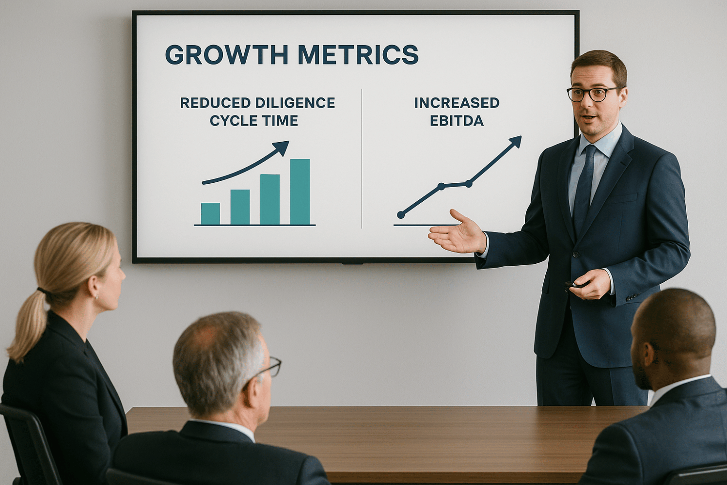 Consultant presenting success metrics of tech-enabled investment strategies to executives.