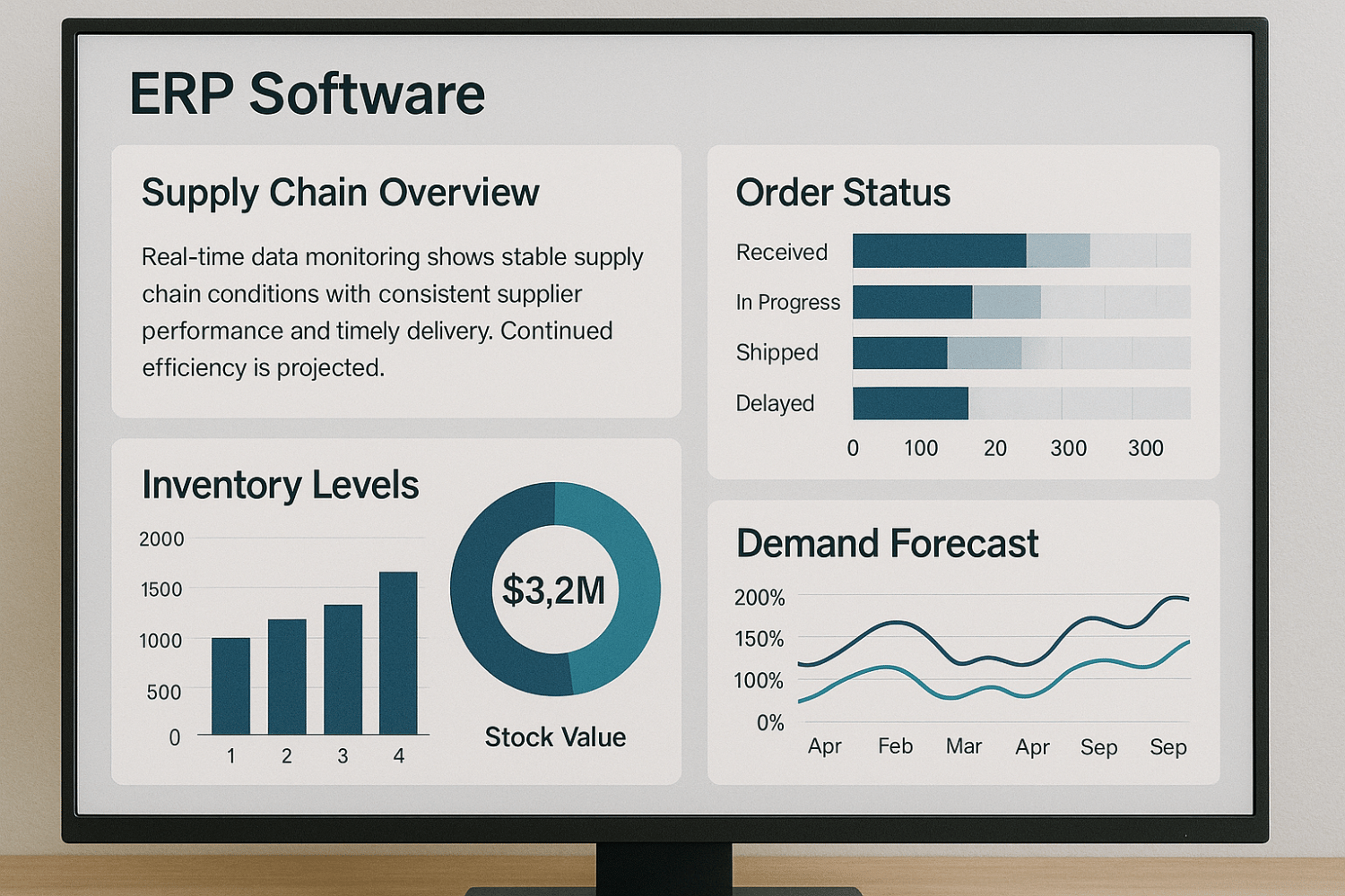 ERP software interface displaying real-time supply chain and inventory data for improved operational decision-making