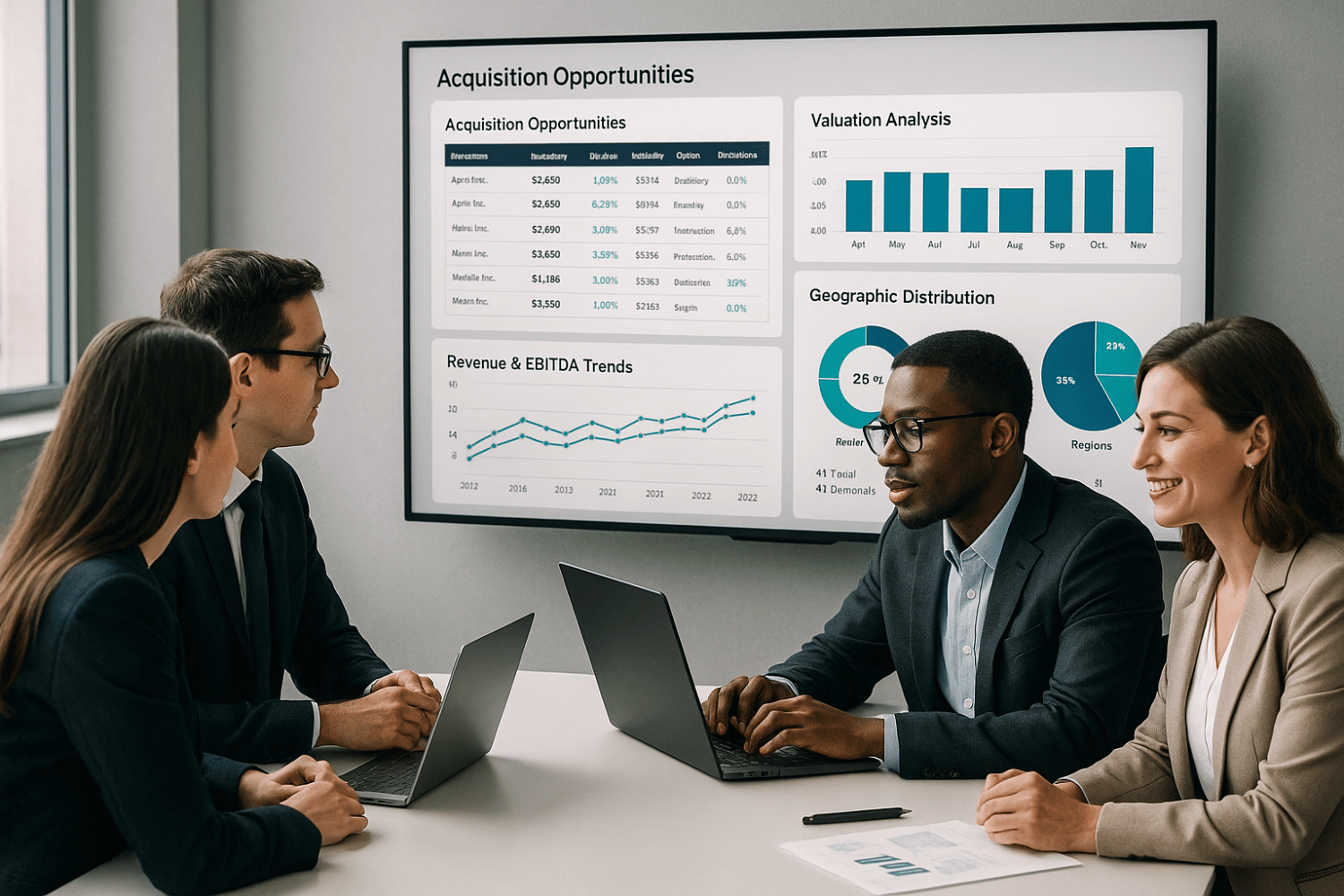 Lower middle market private equity team using AI dashboards to analyze acquisition opportunities for faster, data-driven decision-making.