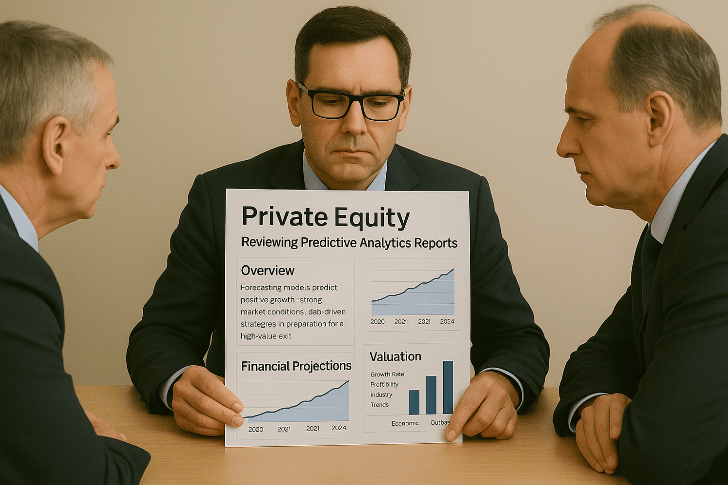 Private equity executives reviewing predictive analytics reports to prepare for a high-value company exit.