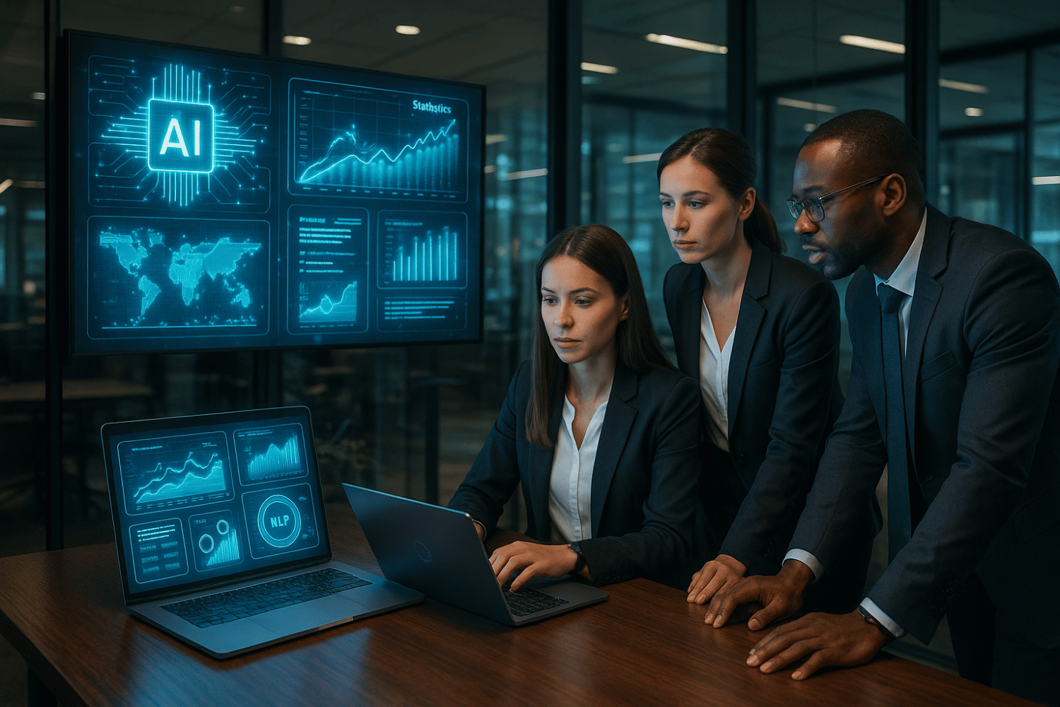 Private equity team using AI dashboards and analytics to streamline deal sourcing and due diligence.