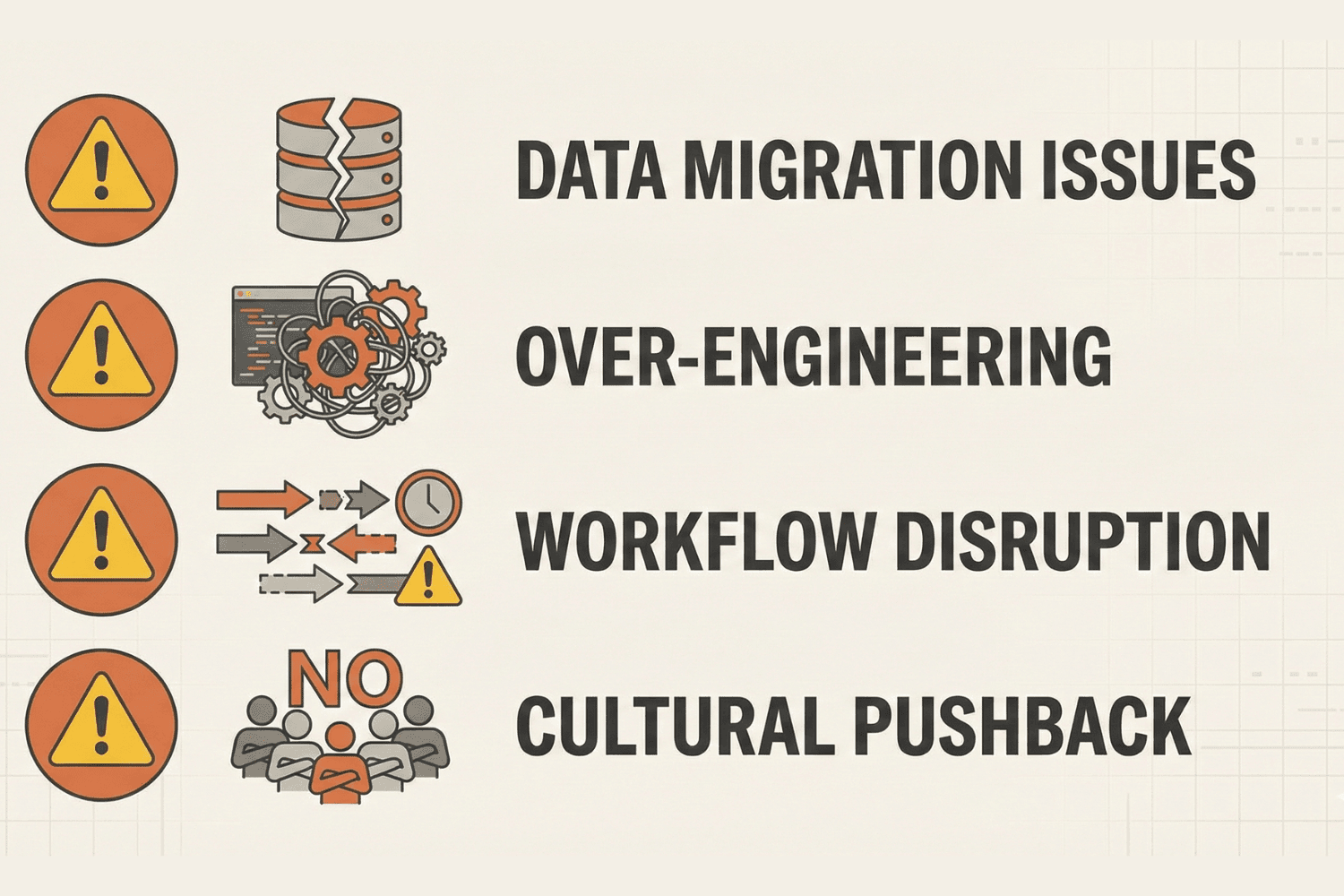 Common modernization risks including data migration issues, workflow disruption, over-engineering, and cultural resistance.