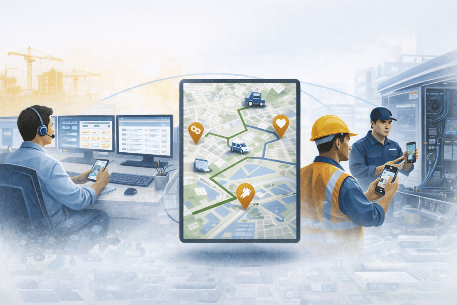 An illustration of field-level workflows—dispatching, routing, frontline worker mobile tools.