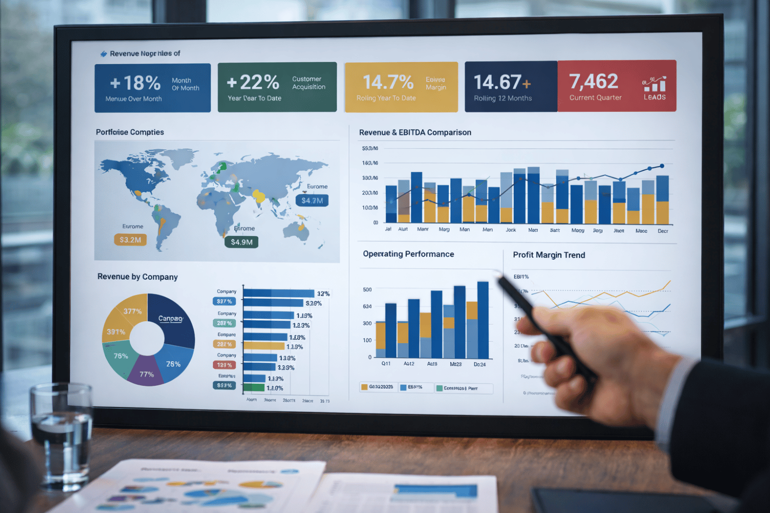 AI and analytics dashboard improving visibility and decision-making across lower middle market private equity portfolios. AI and analytics dashboard improving visibility and decision-making across lower middle market private equity portfolios.
