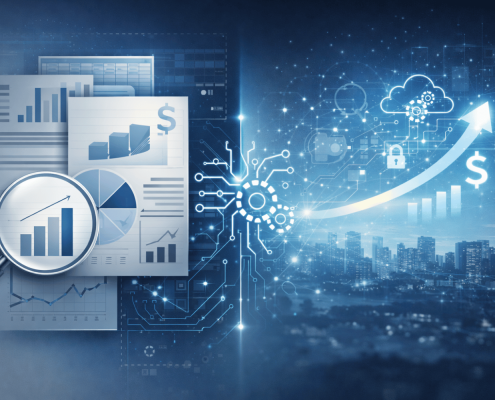 Abstract illustration showing the intersection of private equity financial analysis and enterprise technology strategy, representing Quality of Tech as a value driver.