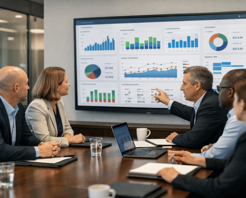Digital transformation strategy meeting in an LMM portfolio company turnaround reviewing ERP dashboards and performance metrics.