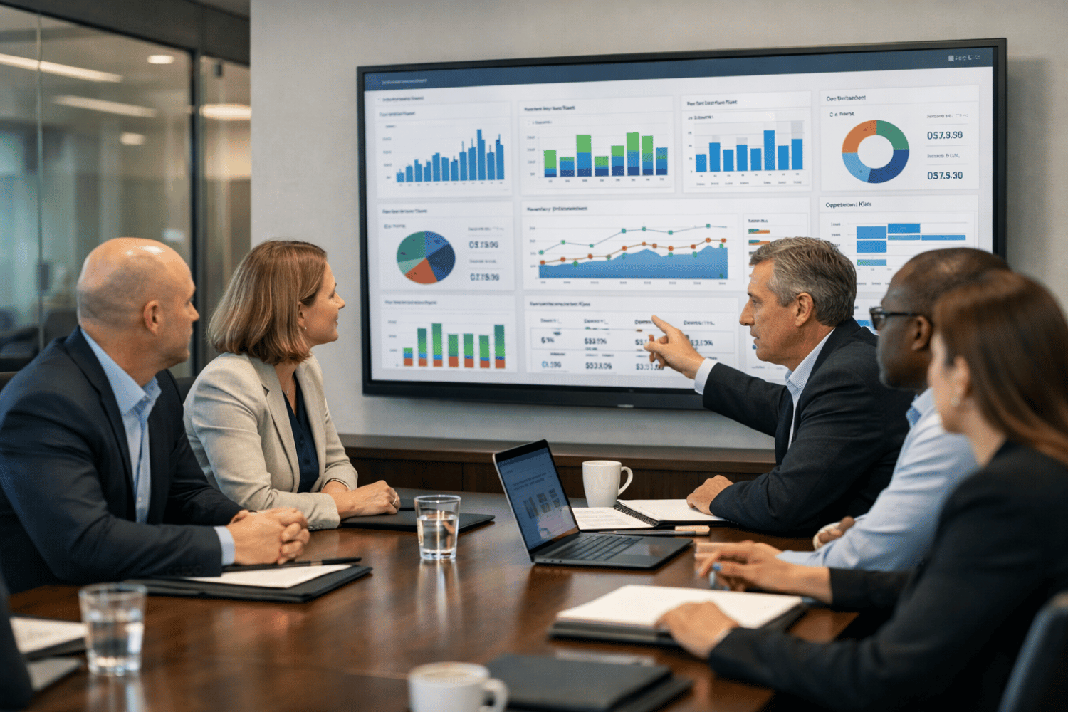 Digital transformation strategy meeting in an LMM portfolio company turnaround reviewing ERP dashboards and performance metrics.