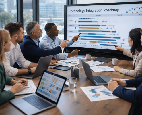 Operating partner meeting with portfolio company leadership to align technology strategy with private equity value creation goals.