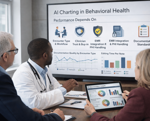 Behavioral health leaders and clinicians reviewing AI charting performance metrics and documentation workflows on a large screen and tablet during a clinical operations meeting.