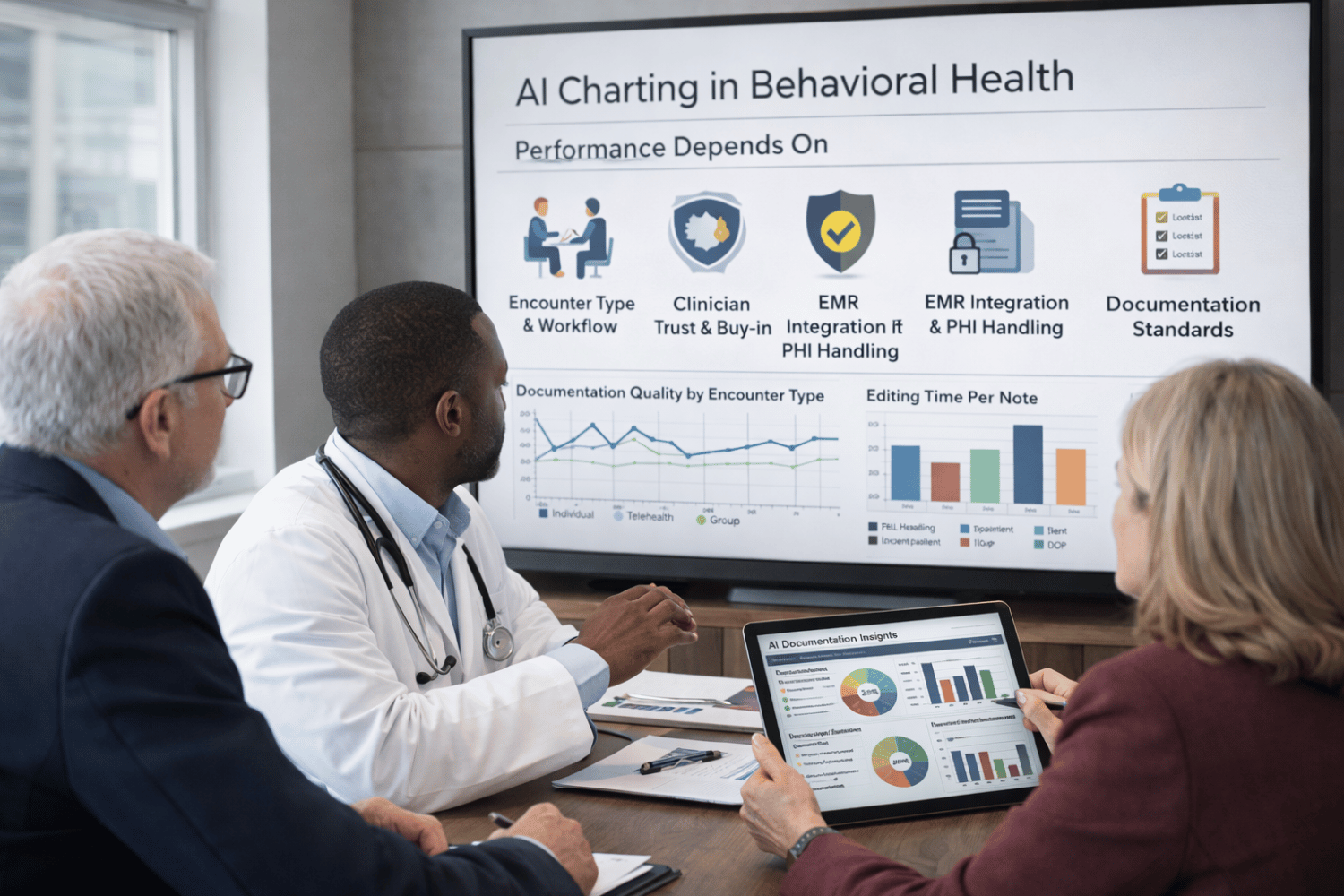 Behavioral health leaders and clinicians reviewing AI charting performance metrics and documentation workflows on a large screen and tablet during a clinical operations meeting.