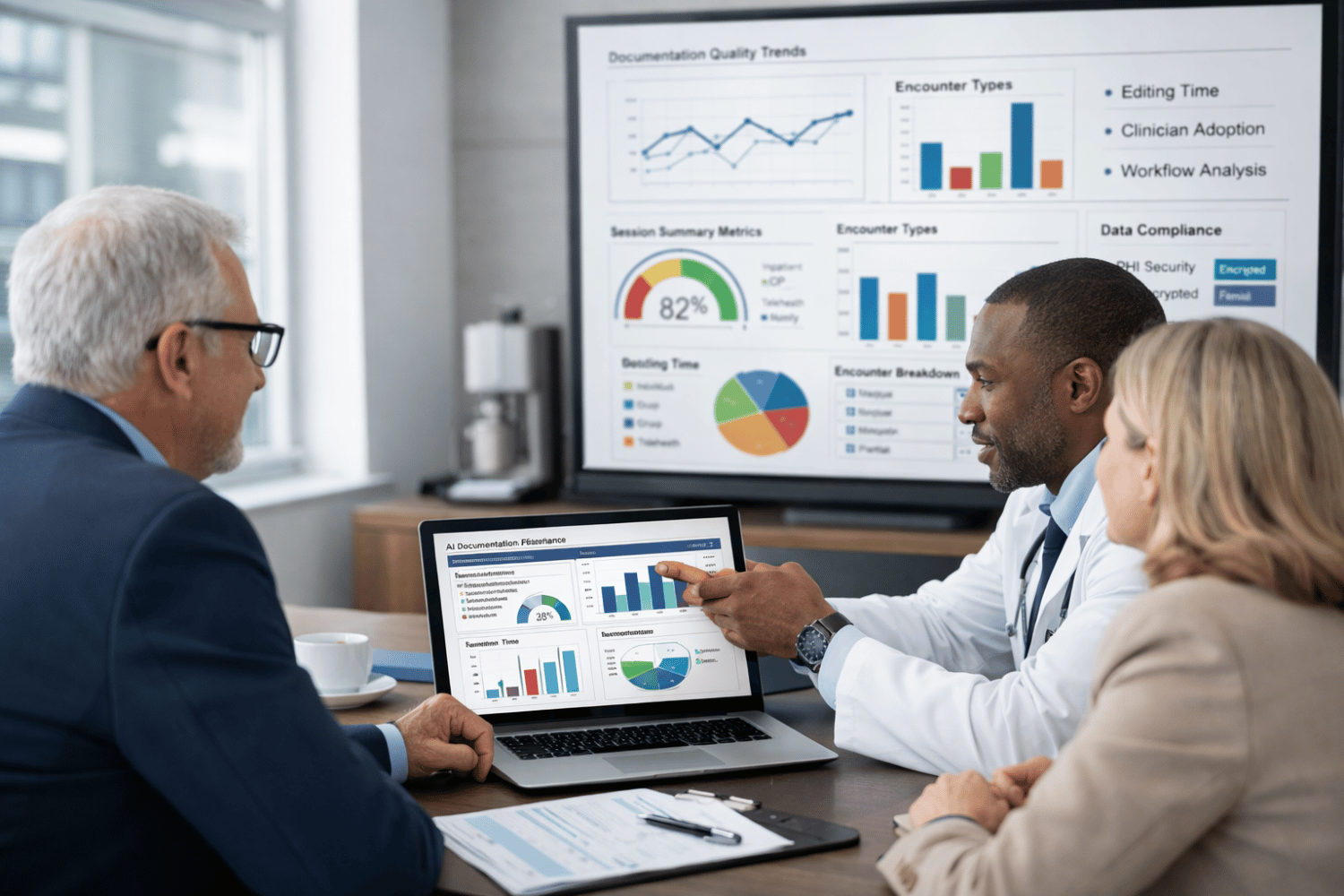 Behavioral health leaders reviewing AI documentation performance metrics and clinical workflow data on a laptop and shared dashboard during a strategic evaluation meeting.