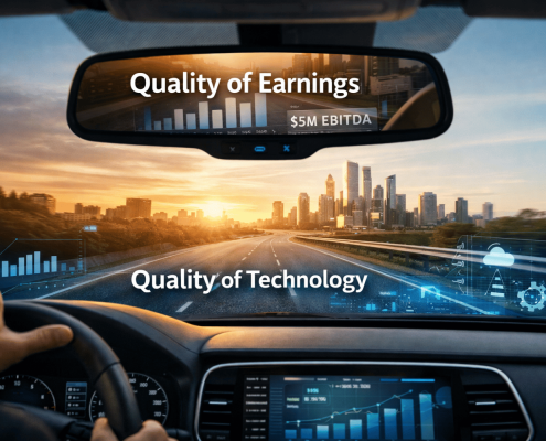 Rearview mirror perspective illustrating Quality of Earnings versus Quality of Technology in private equity decision-making