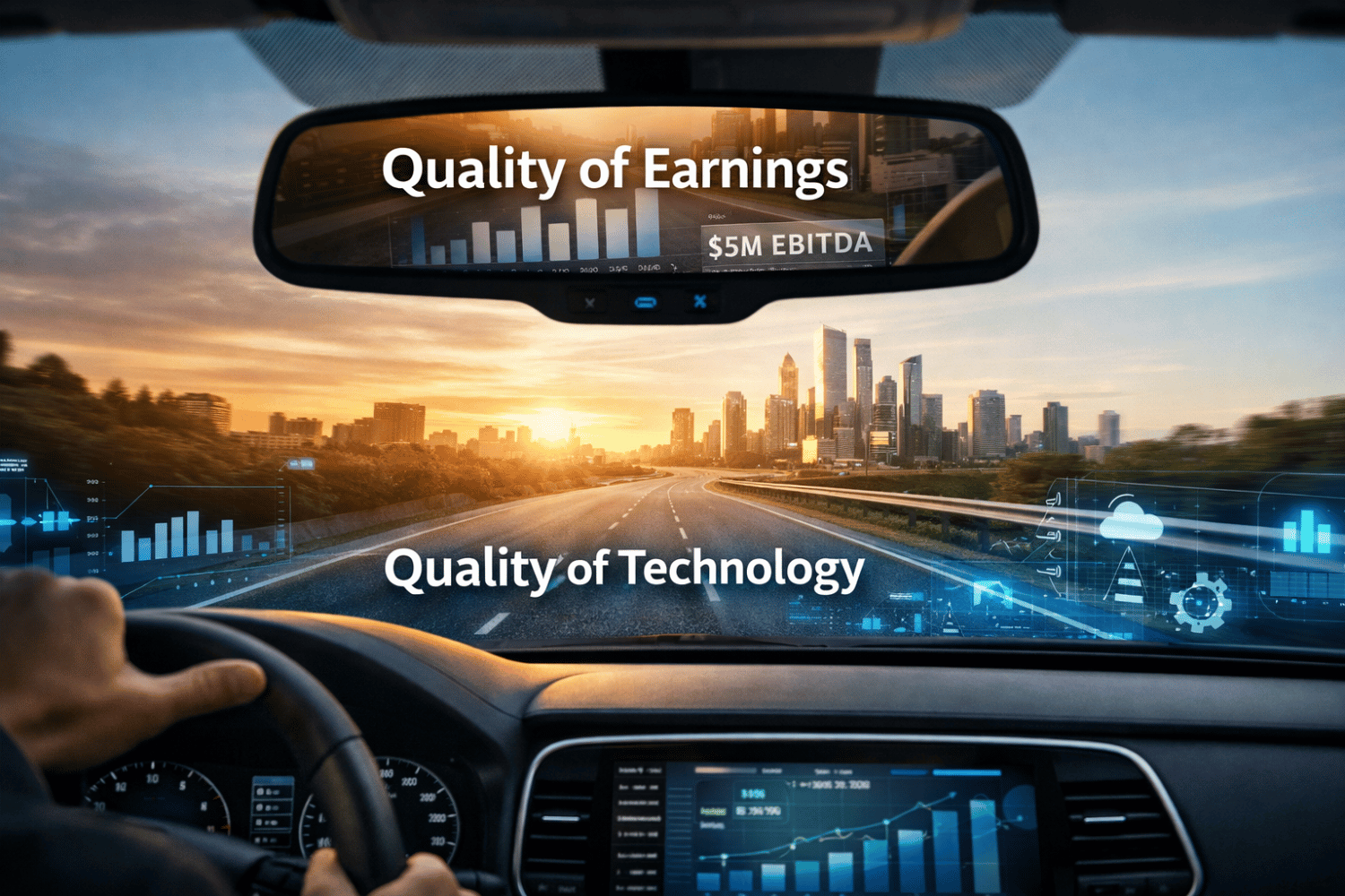 Rearview mirror perspective illustrating Quality of Earnings versus Quality of Technology in private equity decision-making